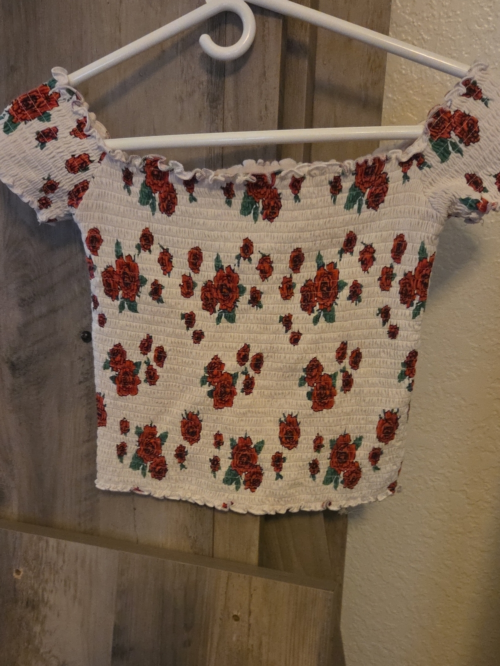 Hollister White Smocked Off-Shoulder Top with Red Rose Print